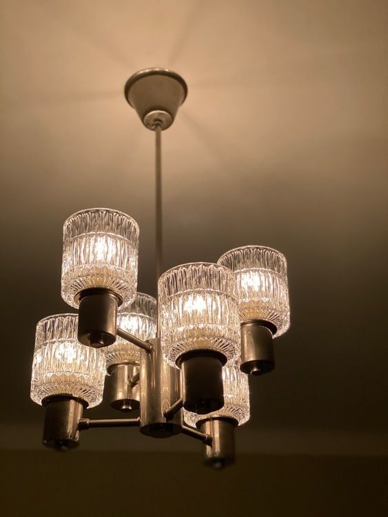 Tyringe 6 Armed Crystal Chandelier With Textured Glass Shades 1960s photo vintage