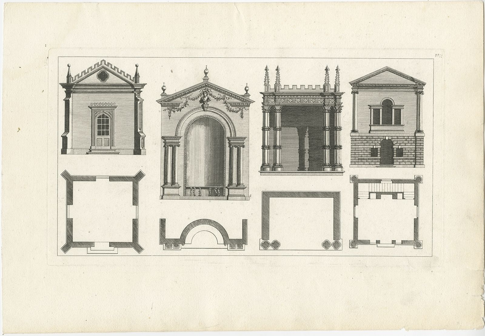 Pl. 11 Antique Print Of Various Garden Temples By Le Rouge (C.1785)
