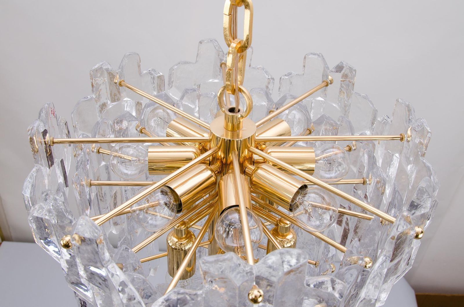 J.T. Kalmar Palazzo Chandelier Gold Brass Glass, 1970s photo for sale
