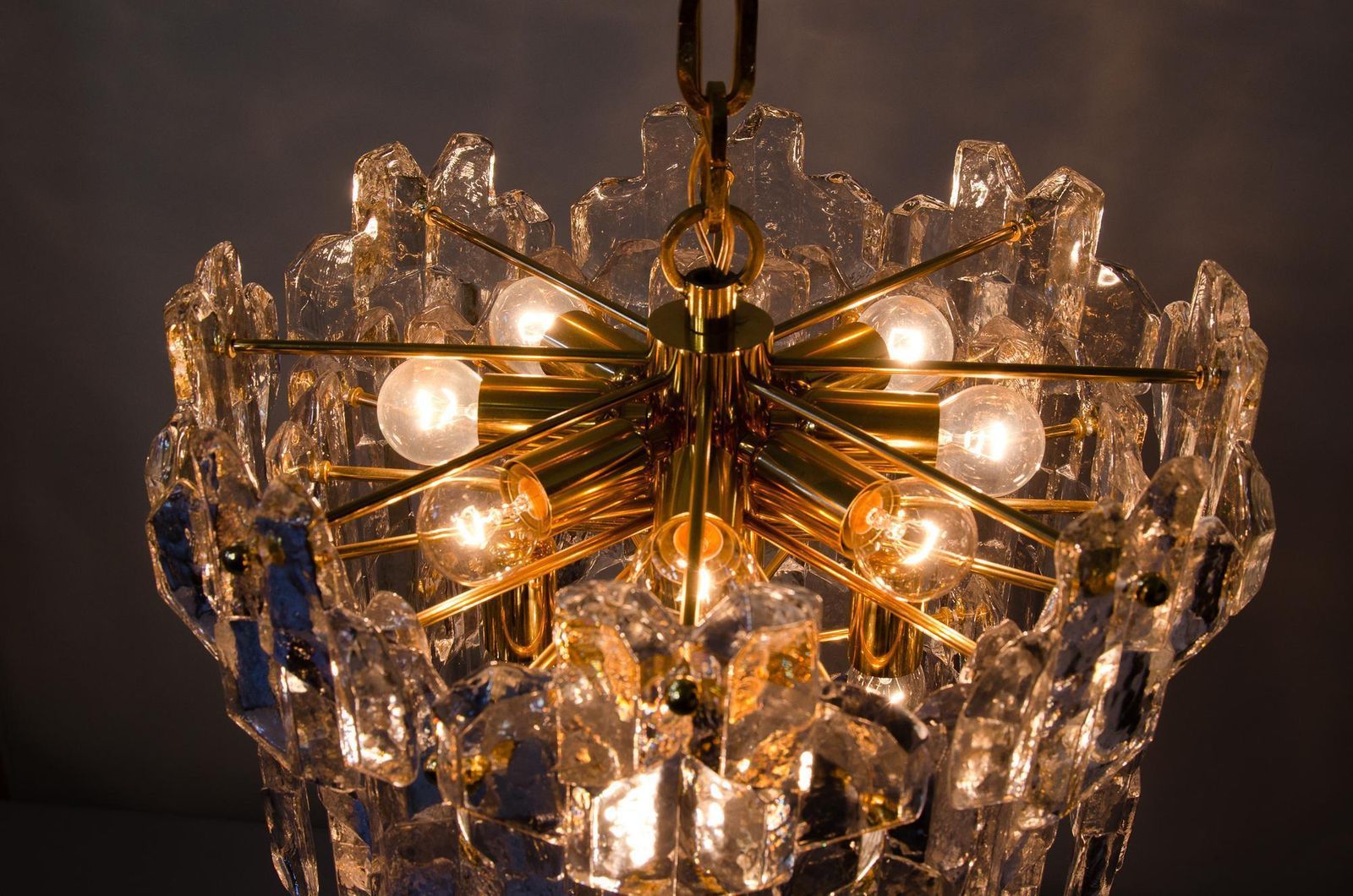 J.T. Kalmar Palazzo Chandelier Gold Brass Glass, 1970s photo buy