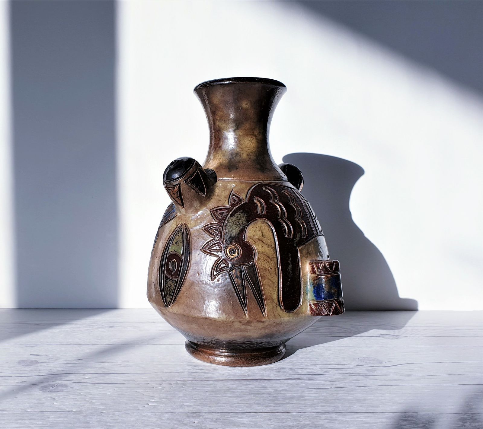 Guérin  By Roger Guérin, Double Sided Decor Salt Glaze Stoneware Vase | 1940s, Belgian, Rare photo Home Decor