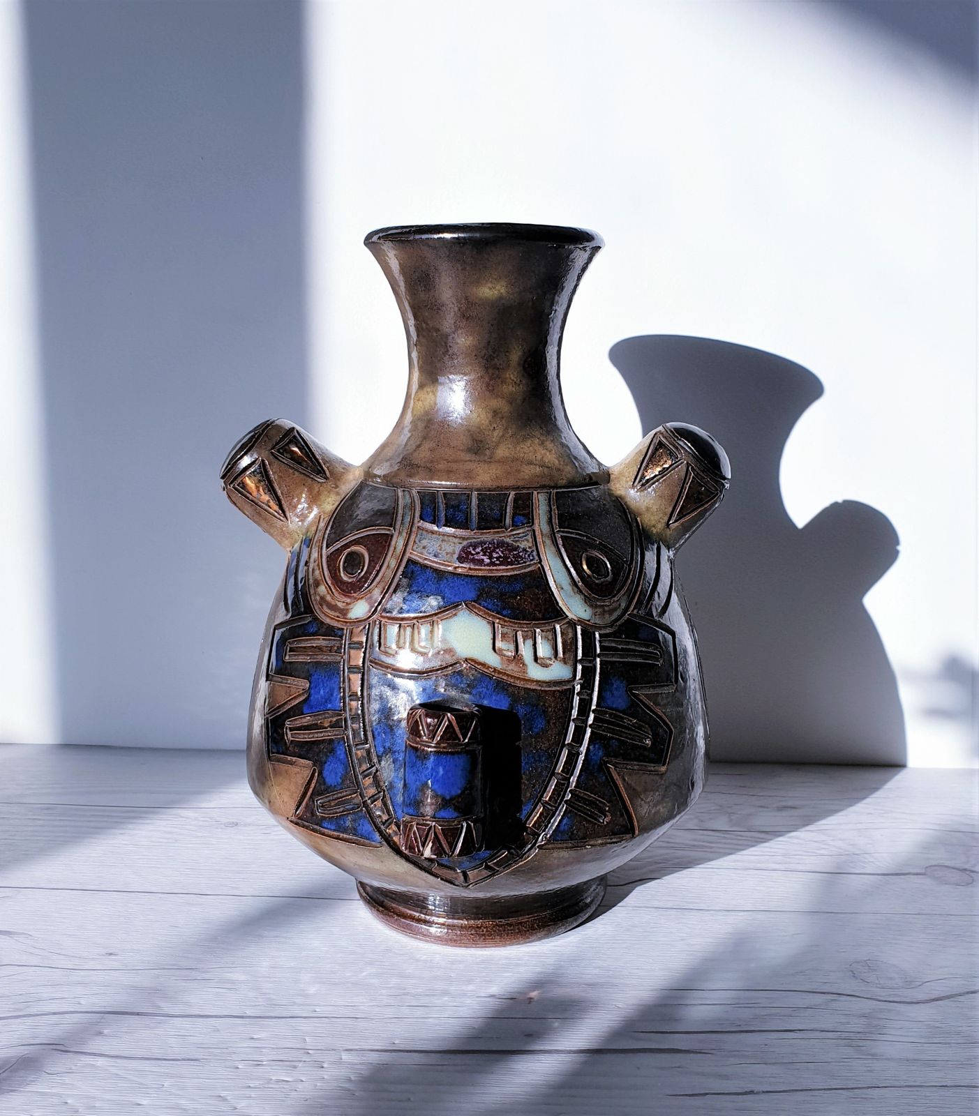Guérin  By Roger Guérin, Double Sided Decor Salt Glaze Stoneware Vase | 1940s, Belgian, Rare