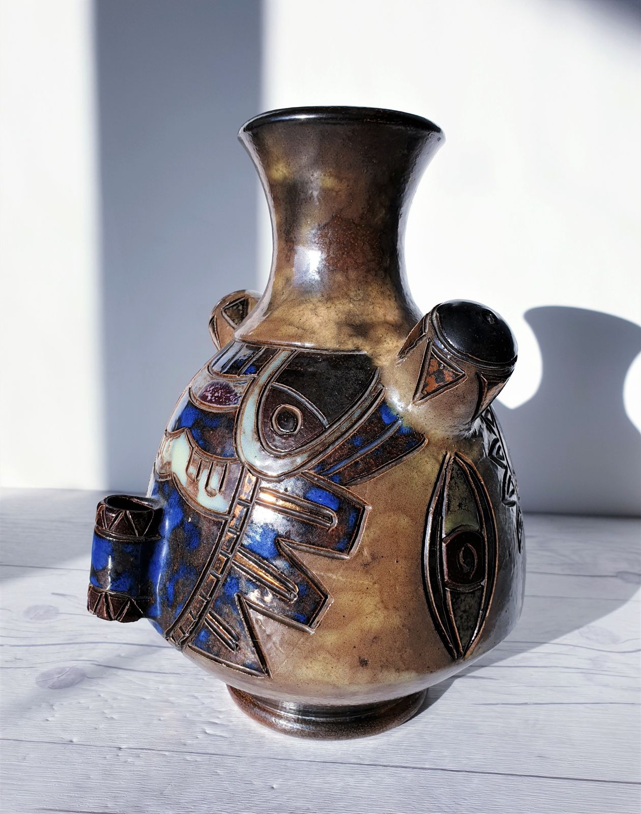 photo for sale Guérin  By Roger Guérin, Double Sided Decor Salt Glaze Stoneware Vase | 1940s, Belgian, Rare