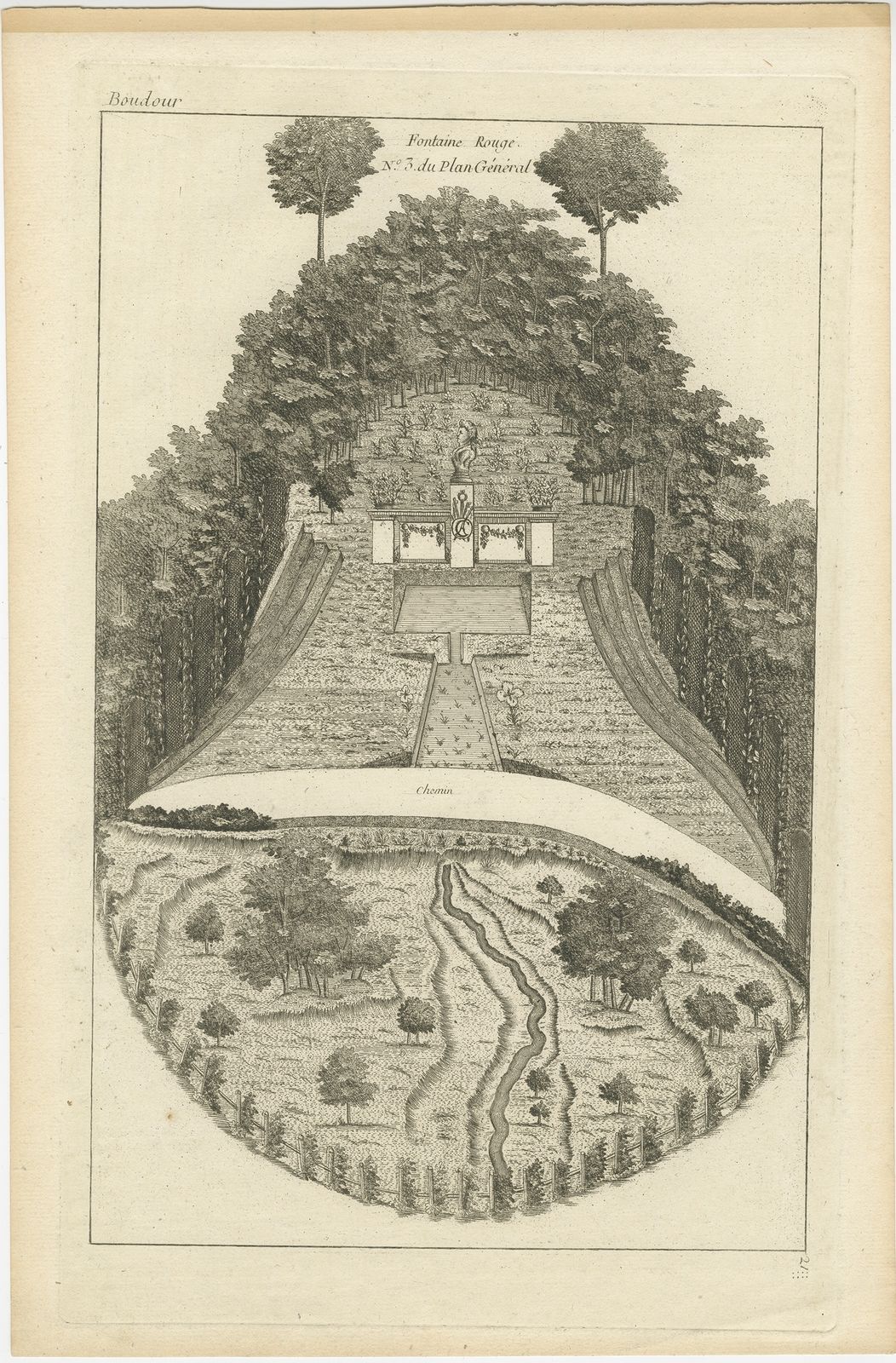 Pl. 21 Antique Print Of A Garden Fountain By Le Rouge (C.1785)
