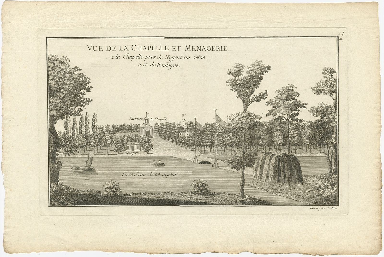 Pl. 14 Antique Print Of A Chapel And Menagerie By Le Rouge (C.1785)