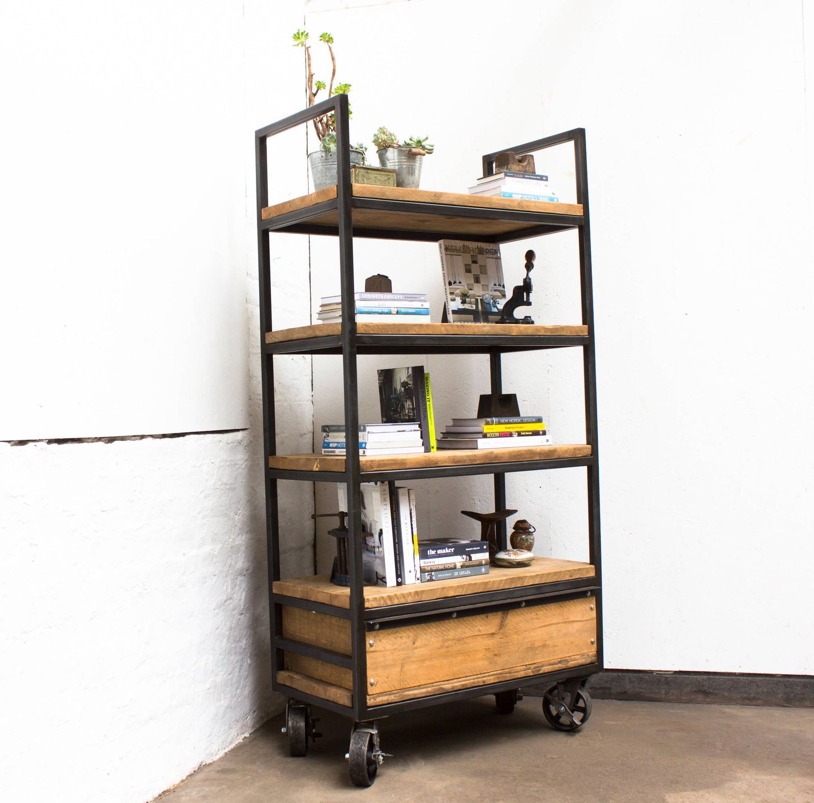 Ralph Bespoke Reclaimed Scaffolding Boards And Welded Dark Steel Box Section Framed Free Standing Shelves With Locking Drawer And Castors