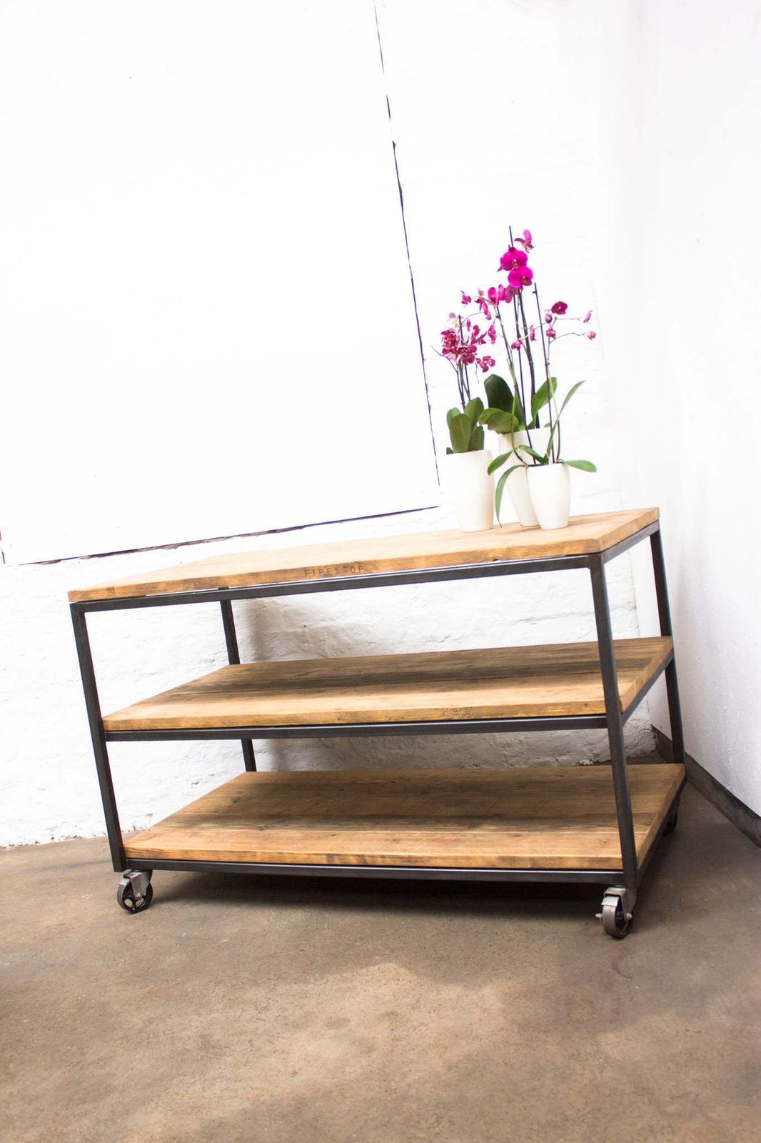 Charlie Bespoke Reclaimed Scaffolding Boards And Welded Dark Steel Box Section Framed Table With Shelves And Braked Vintage Castors photo buy