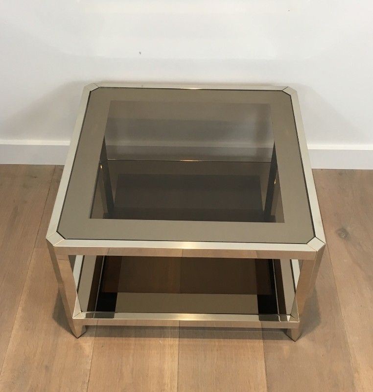 Pair Of Large Octogonal Chromed Side Tables With Bronze Glass Tops. French. Circa 1970 photo vinterior