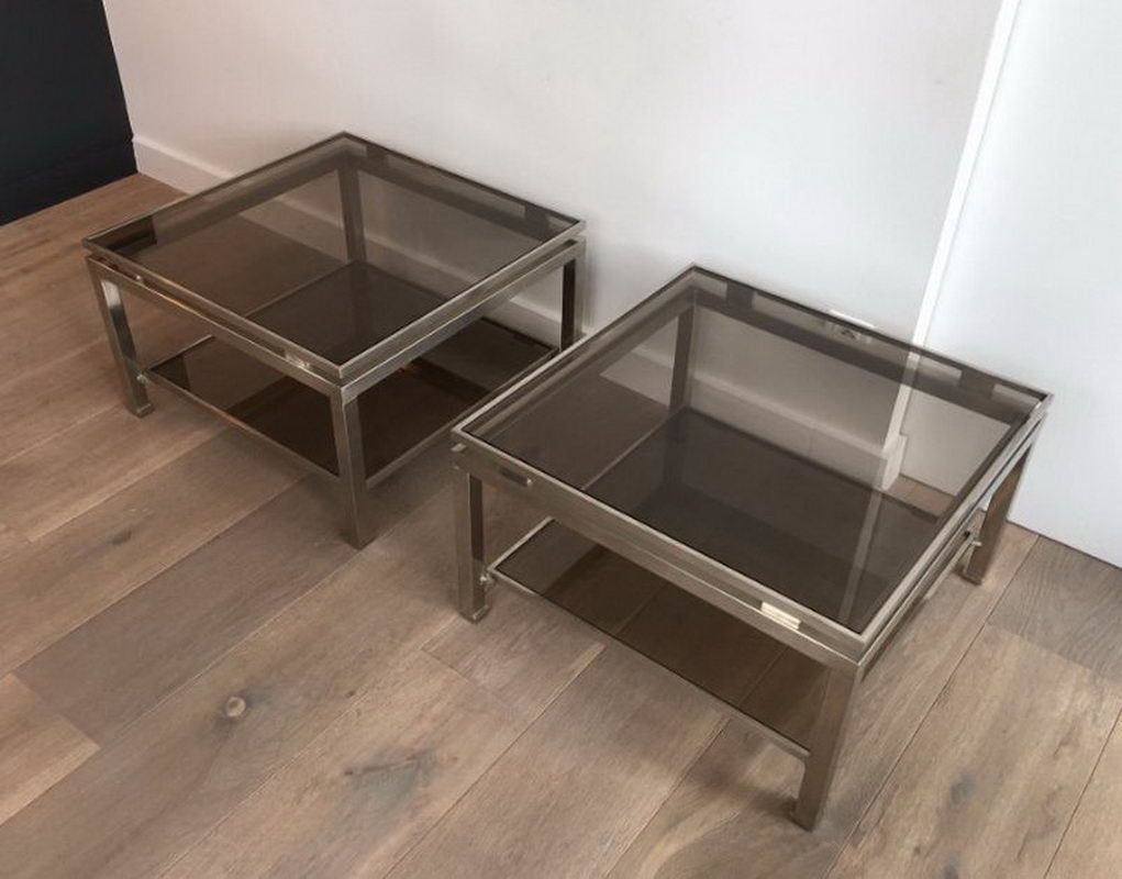 Pair Of Brushed Steel Side Tables With Smoked Glass By Guy Lefèvre For Maison Jansen. Circa 1970