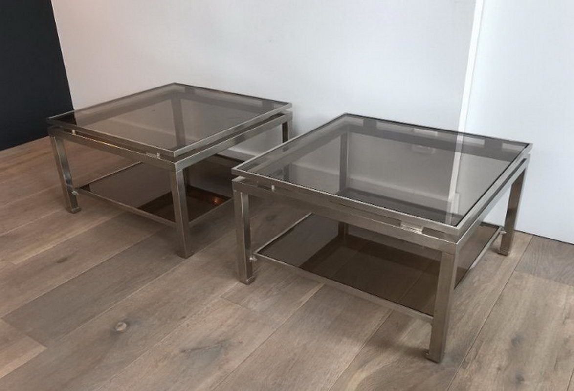 Pair Of Brushed Steel Side Tables With Smoked Glass By Guy Lefèvre For Maison Jansen. Circa 1970 photo for sale