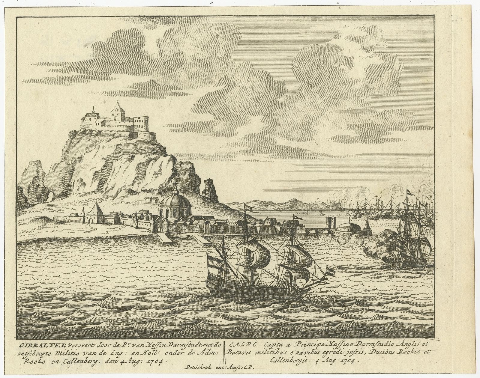 Antique Print Of Gibraltar By Schenk (C.1720)