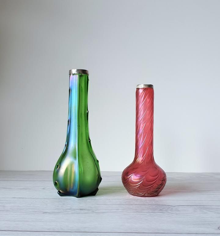 Antique 1900s Kralik Draped Decor, Iridescent Cranberry And Silver Collared Bohemian Art Glass Vase photo furniture