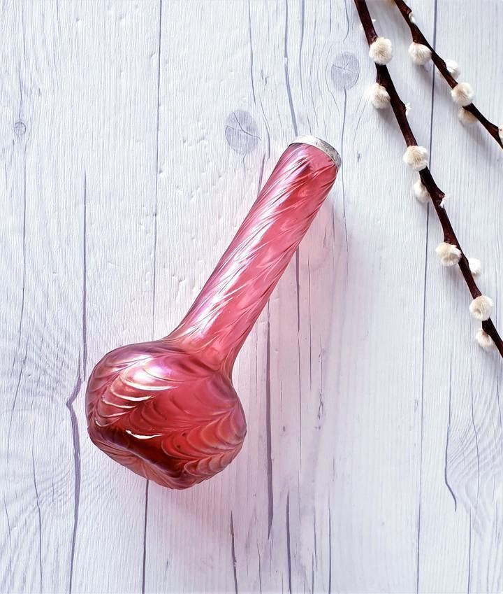 Antique 1900s Kralik Draped Decor, Iridescent Cranberry And Silver Collared Bohemian Art Glass Vase photo buy