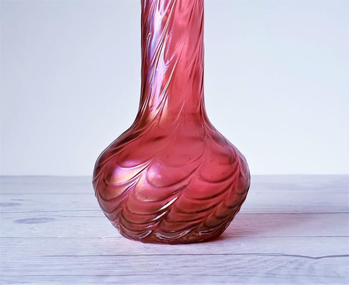 Antique 1900s Kralik Draped Decor, Iridescent Cranberry And Silver Collared Bohemian Art Glass Vase photo vintage