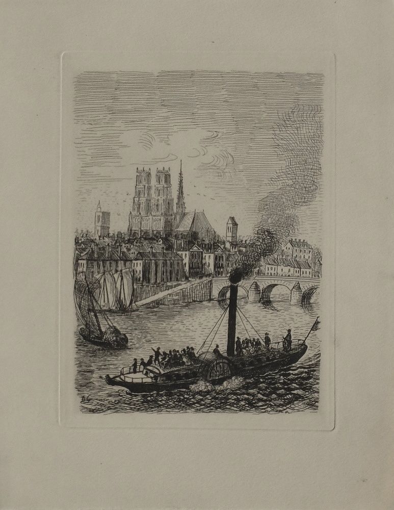 Galanis Dimitrios (1882 1966)   Engraving   Défet De Livre   Orléans Loiret Steam Vessel On The Loire