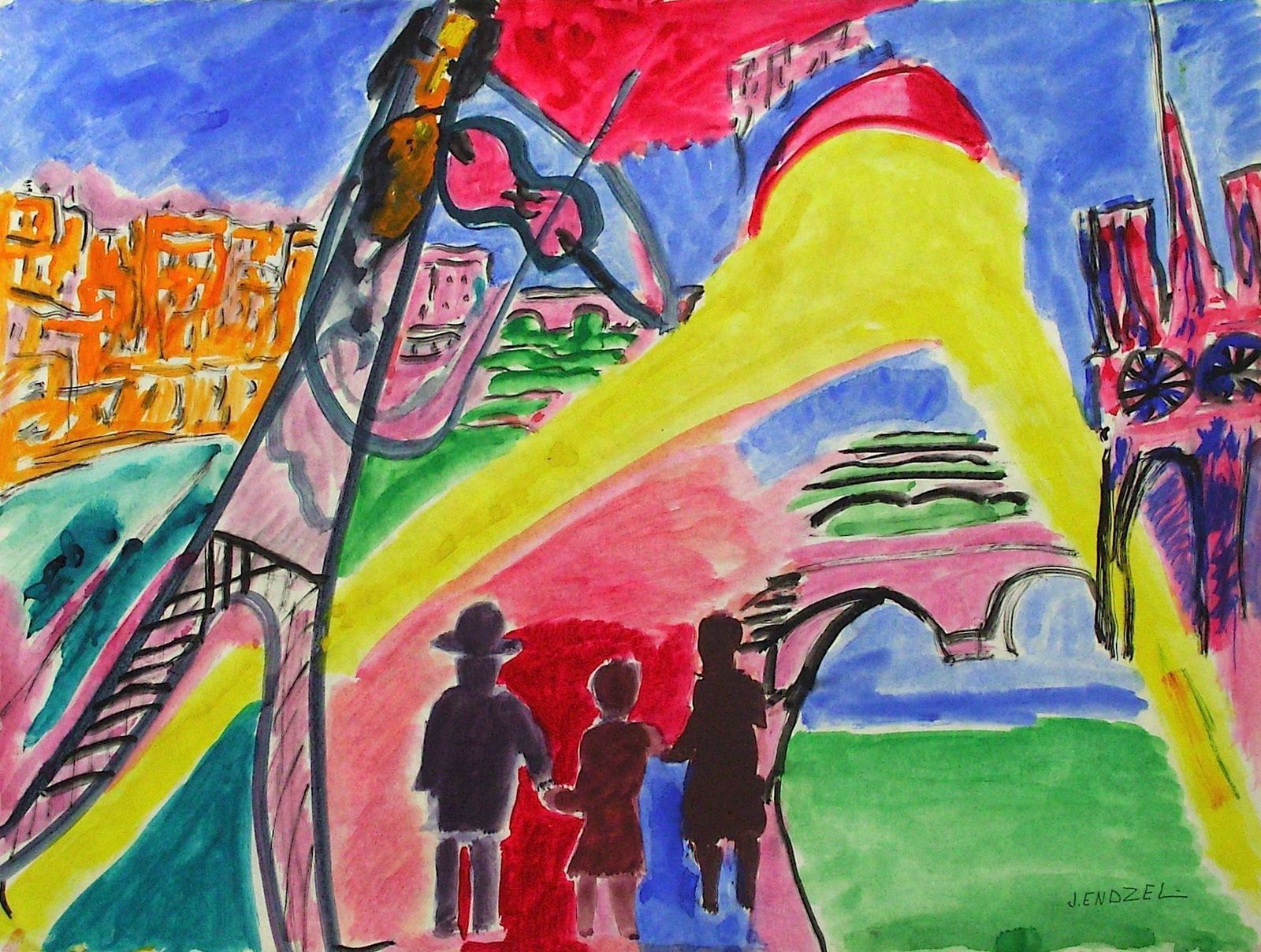 Endzel Jacques (1927 2014)   Gouache On Paper   The Violinist At The Eiffel Tower And Notre Dame