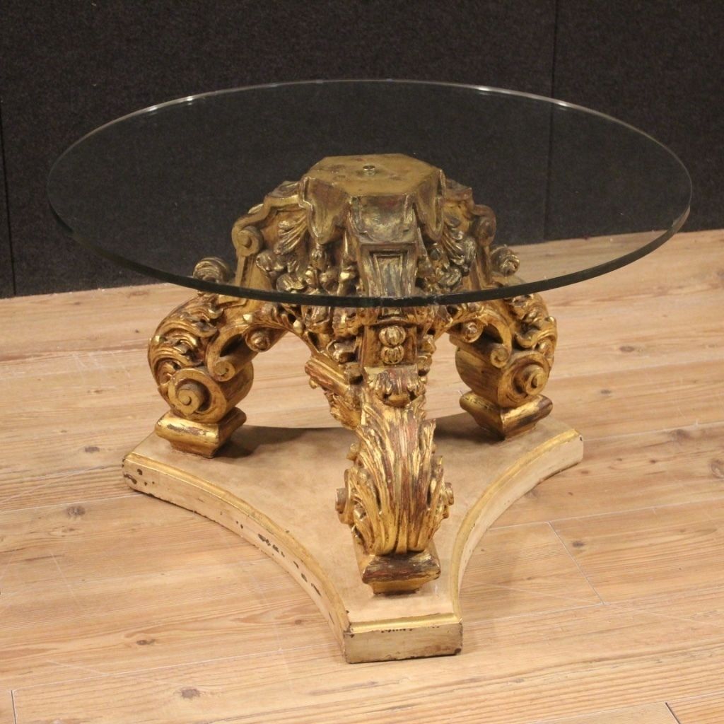 Italian Lacquered And Gilded Round Coffee Table With Glass Top