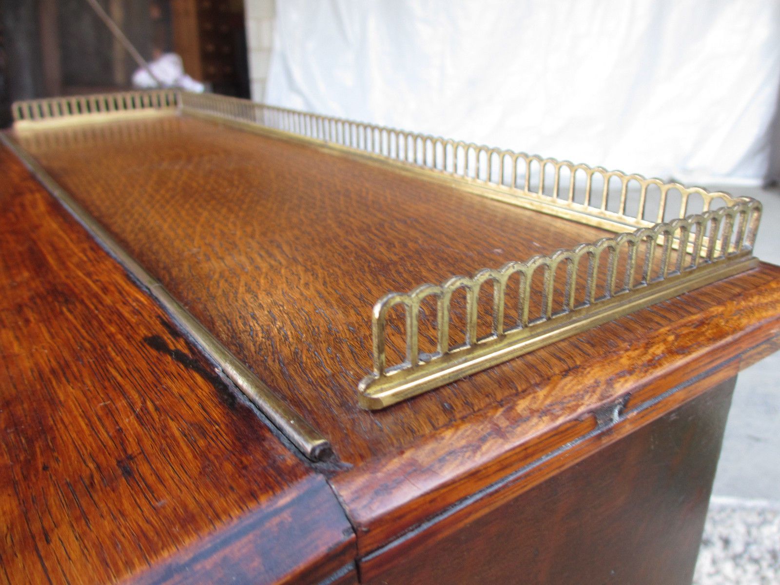 Victorian Oak Davenport With Brass Raised Gallery And Unusual Burr Maple Inner photo Furniture
