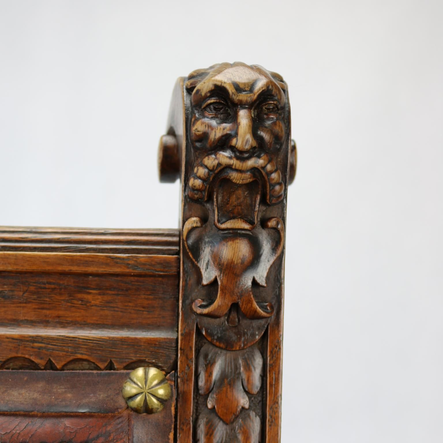 Furniture Reanaissance Revival Hand Carved Chair With Embossed Leather 19th Century photo