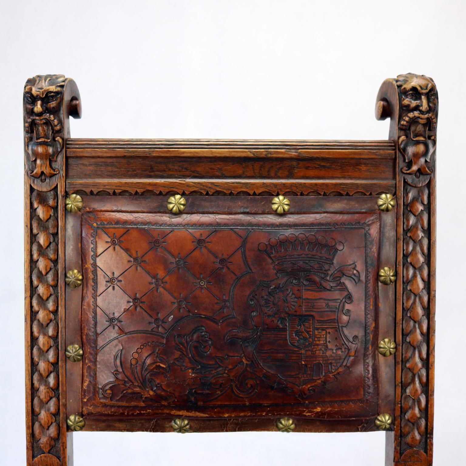2925.0 Reanaissance Revival Hand Carved Chair With Embossed Leather 19th Century photo