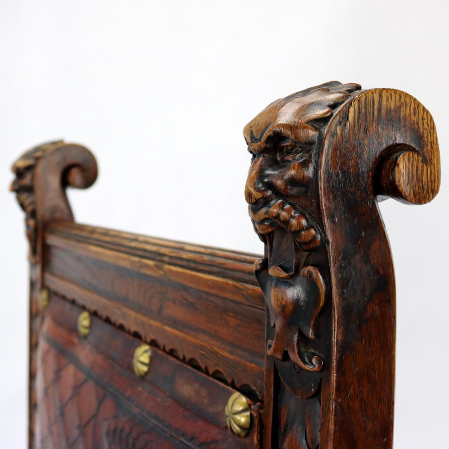 photo vinterior Reanaissance Revival Hand Carved Chair With Embossed Leather 19th Century
