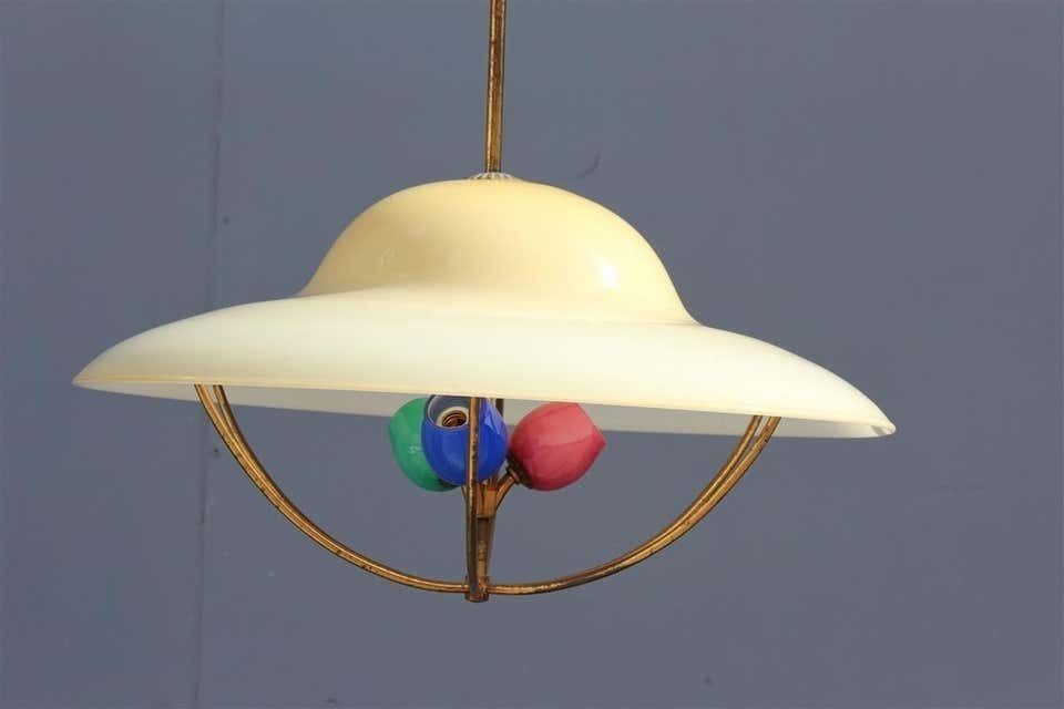 Round Midcentury Chandelier Seguso Design Colored Glass 1950s Brass Gold photo furniture