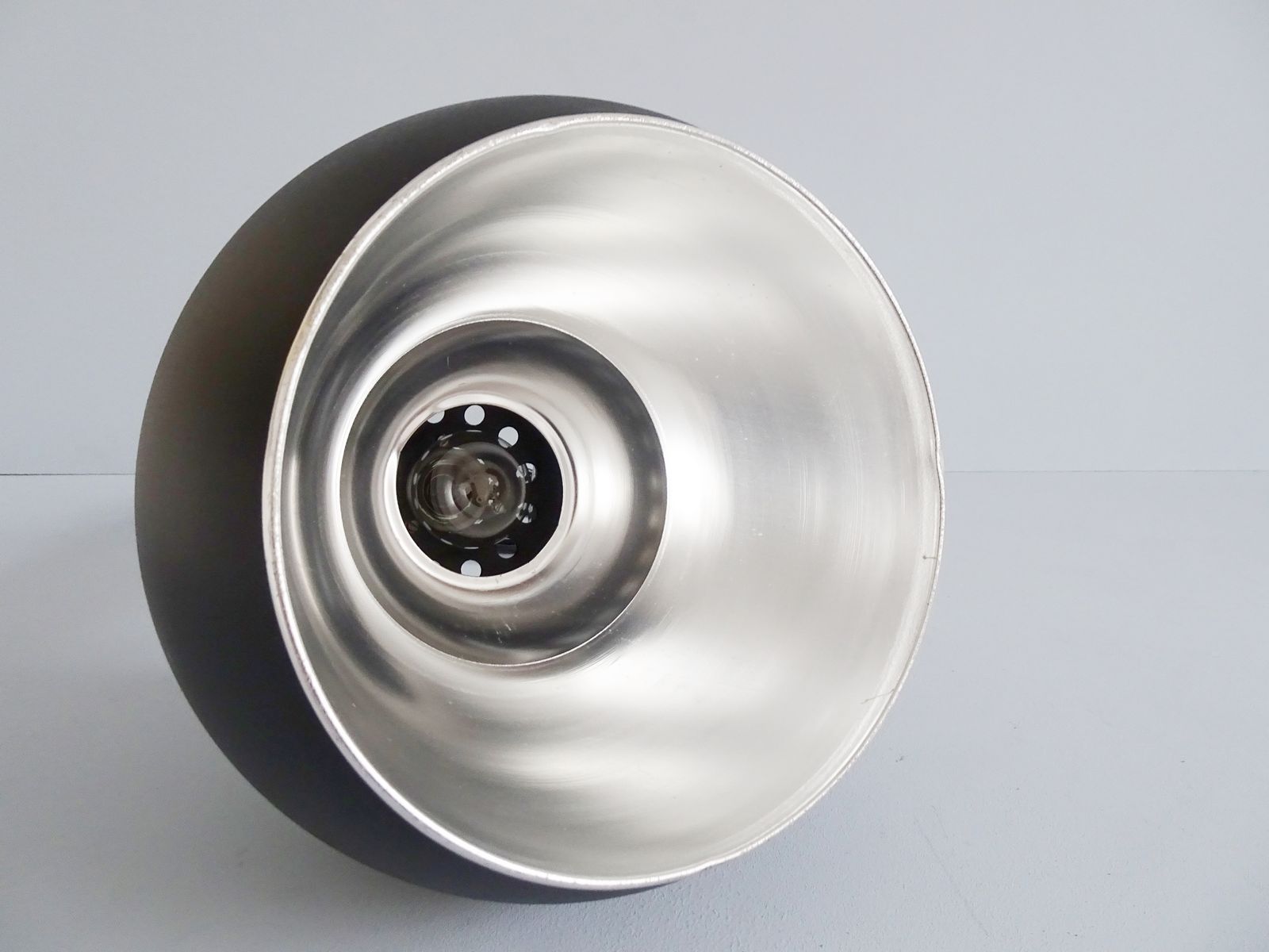 photo for sale Large Industrial Pendant Lamp Made Of Metal And Chrome With Black Shrink Lacquer, Ball Lamp 1960s