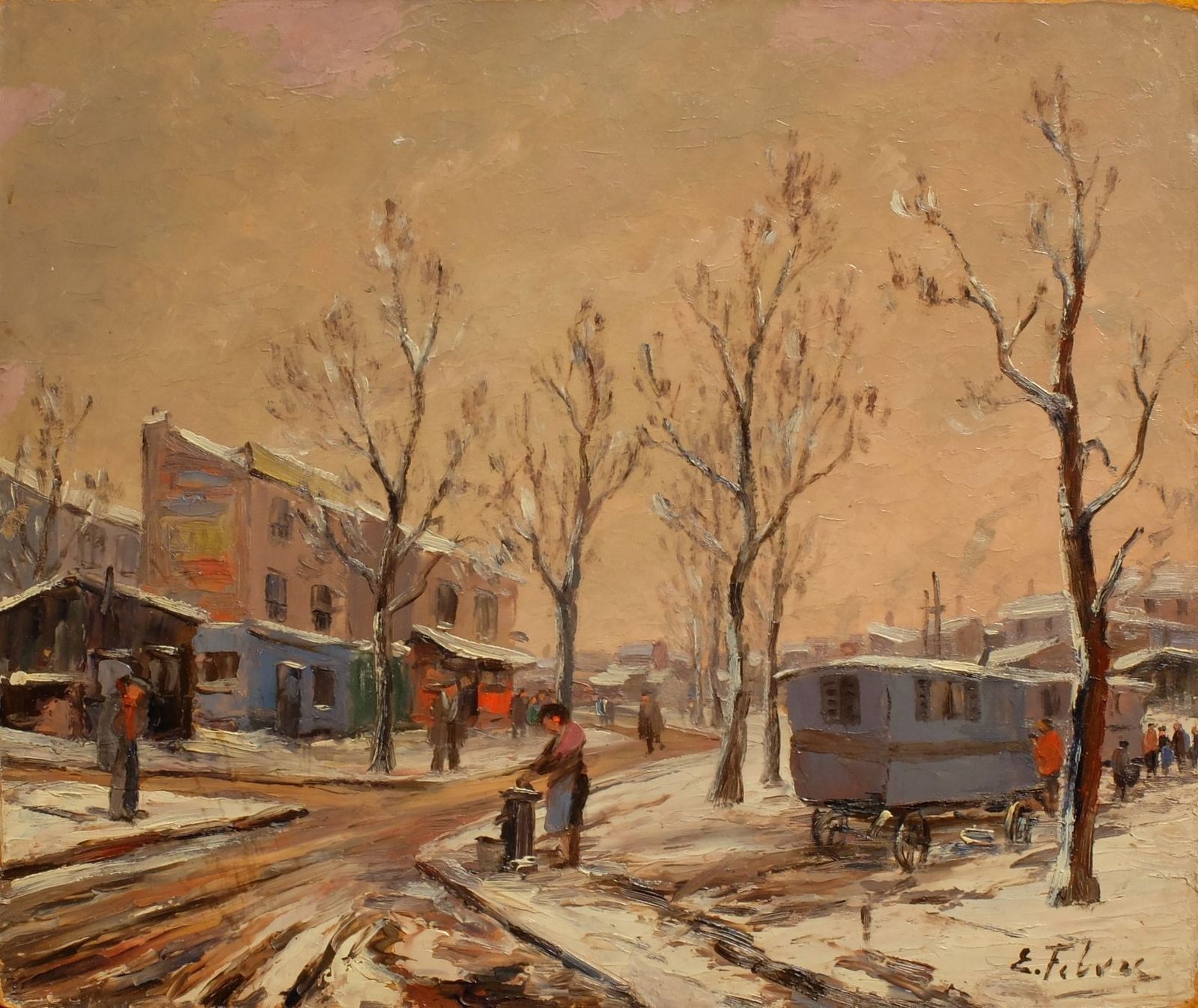 Febvre Edouard (1885 1967)   Oil On Isorel   Suburban Landscape With A Gypsy Caravan