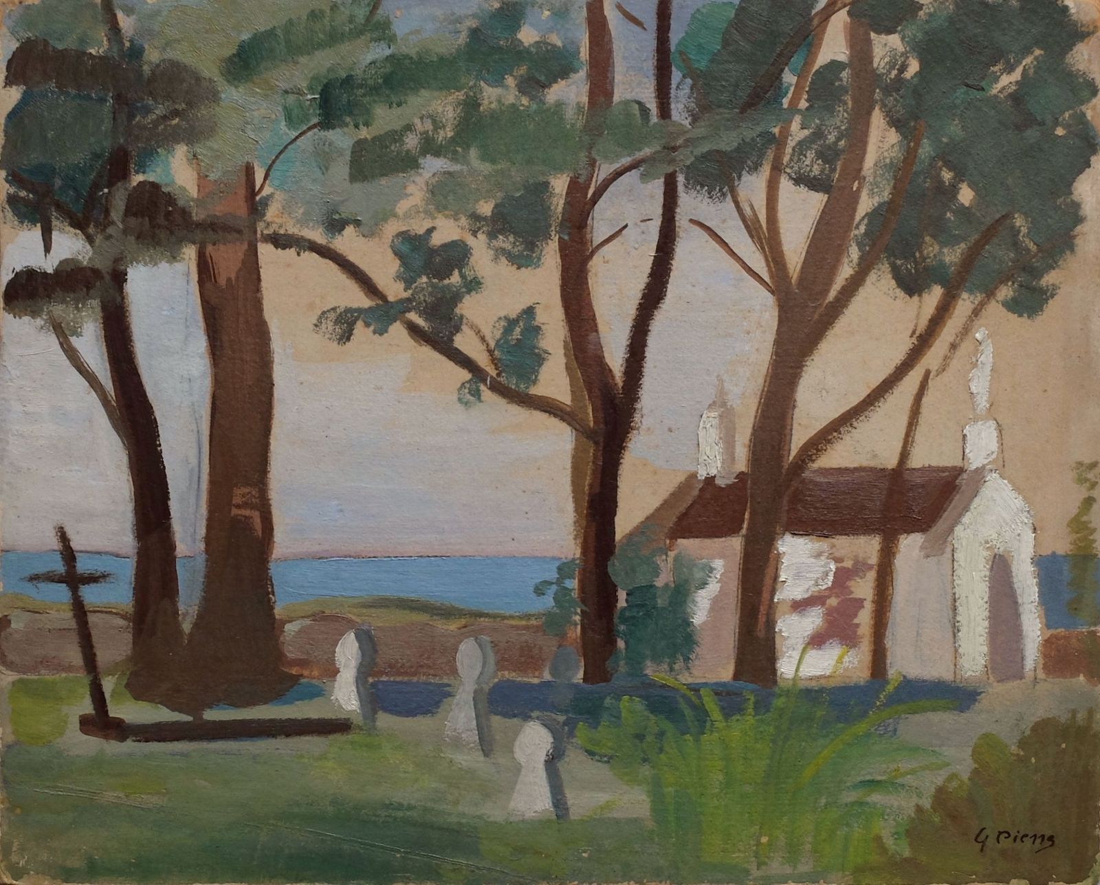 Pierre Gustave (1875 1939)   Oil On Cardboard   Breton Chapel By The Sea (To Identify)