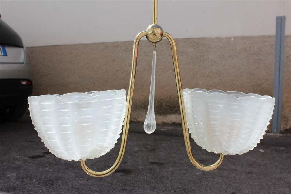 Midcentury Italian Chandelier Curved Brass Murano Cup Satin Gold Barovier photo vinterior