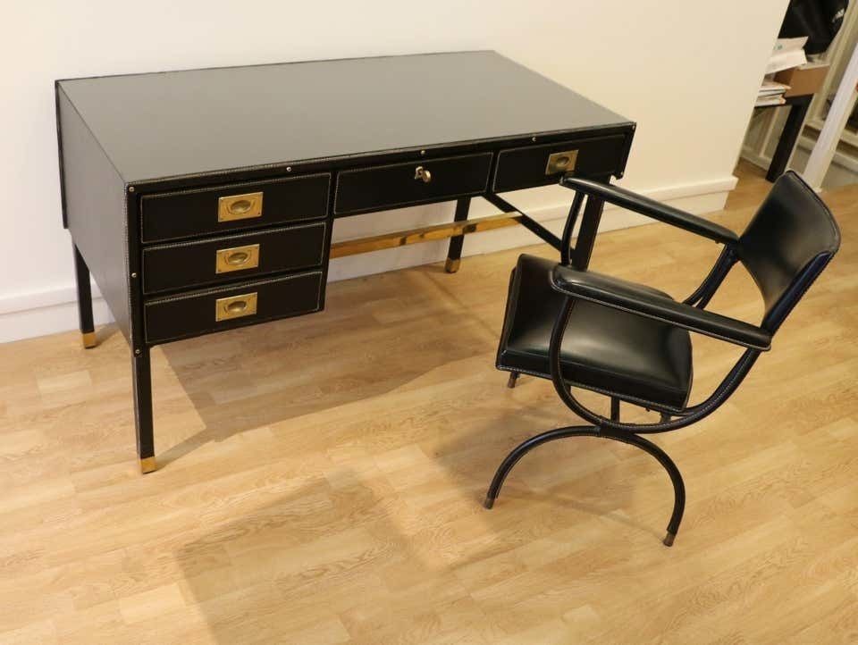 photo for sale Rare Desk And Armchair By Jacques Adnet, Stitched Leather And Skaï, 1950s