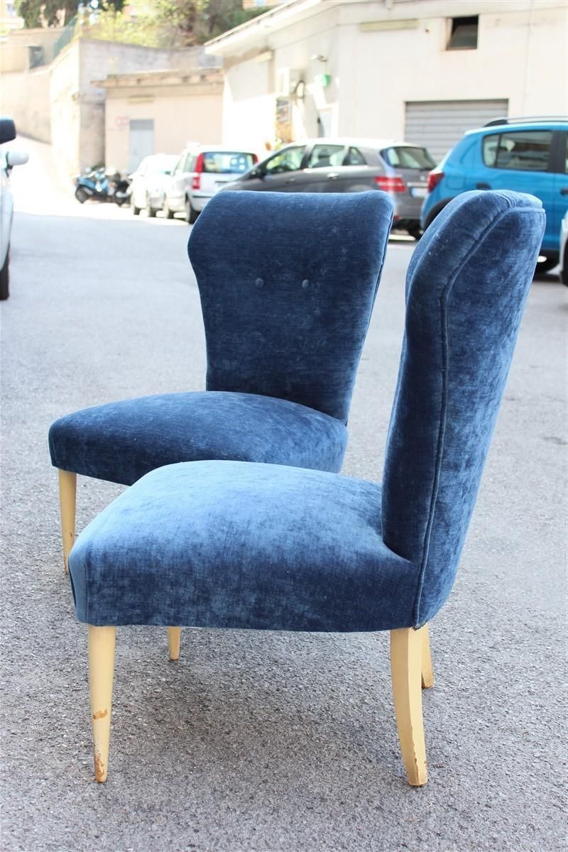 Bedroom Pair Of Chairs Midcentury Italian Design Blue Fabric White Feet photo buy