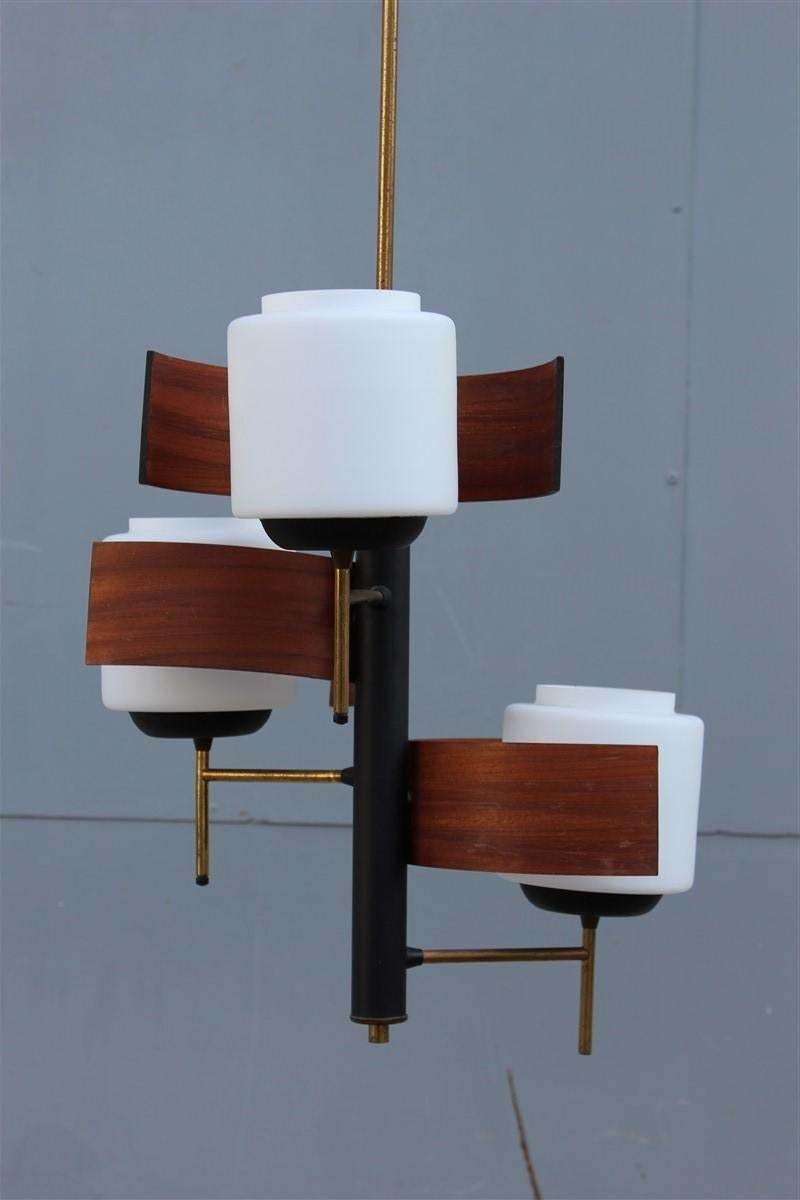 Esperia Mahogany Chandelier Midcentury Italian Design Glass White Brass photo for sale