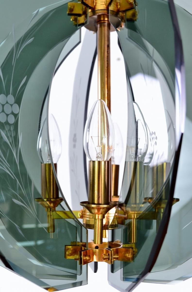 Lighting Italian Mid Century Brass And Cut Glass Chandelier, 1960s photo