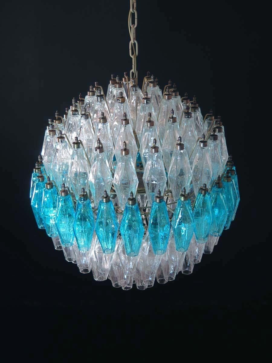 Amazing Spherical Murano Poliedri Candelier   140 Poliedri Trasparent And Blue Acqua Marina photo buy