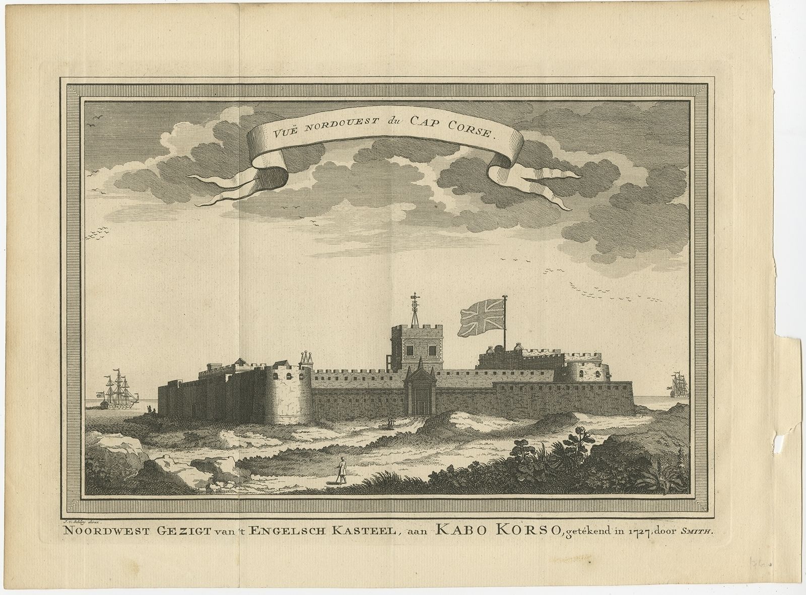Antique Print Of The English Castle At Cape Coast By Van Der Schley (1748)