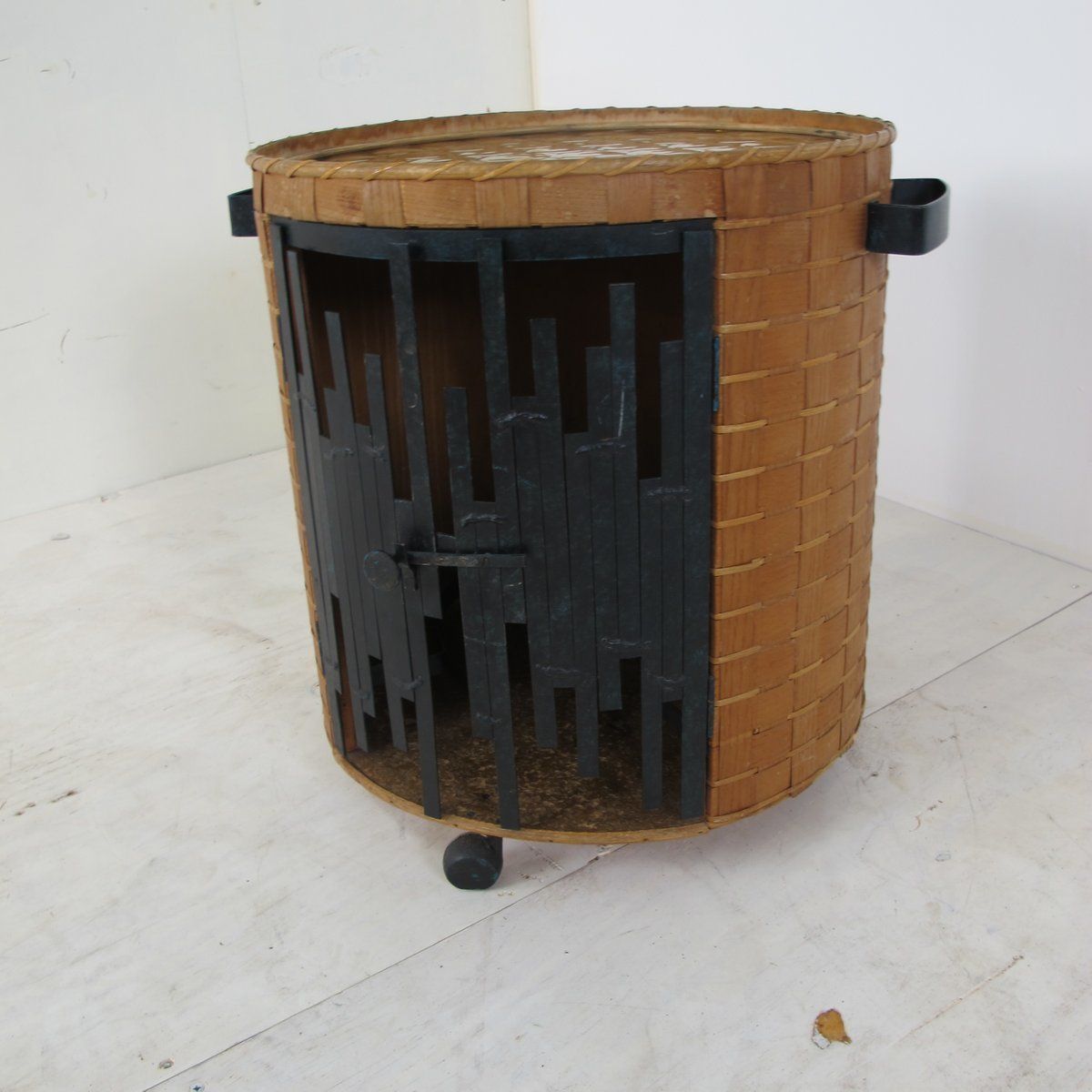 Mid Century Brutalist Rattan And Steel Bar Cart, 1950s photo Furniture