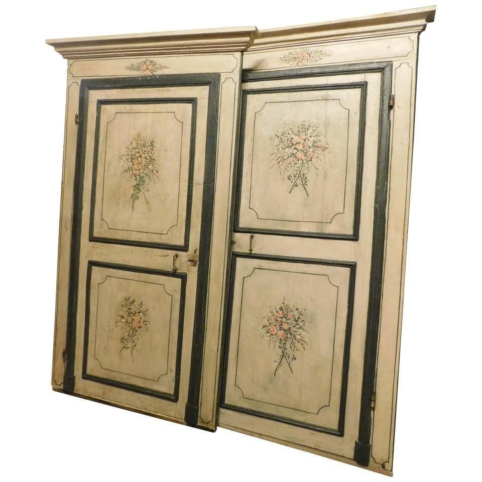 2 Antique Lacquered Doors With Frame, Green Beige Background Flowers, 1700 Italy