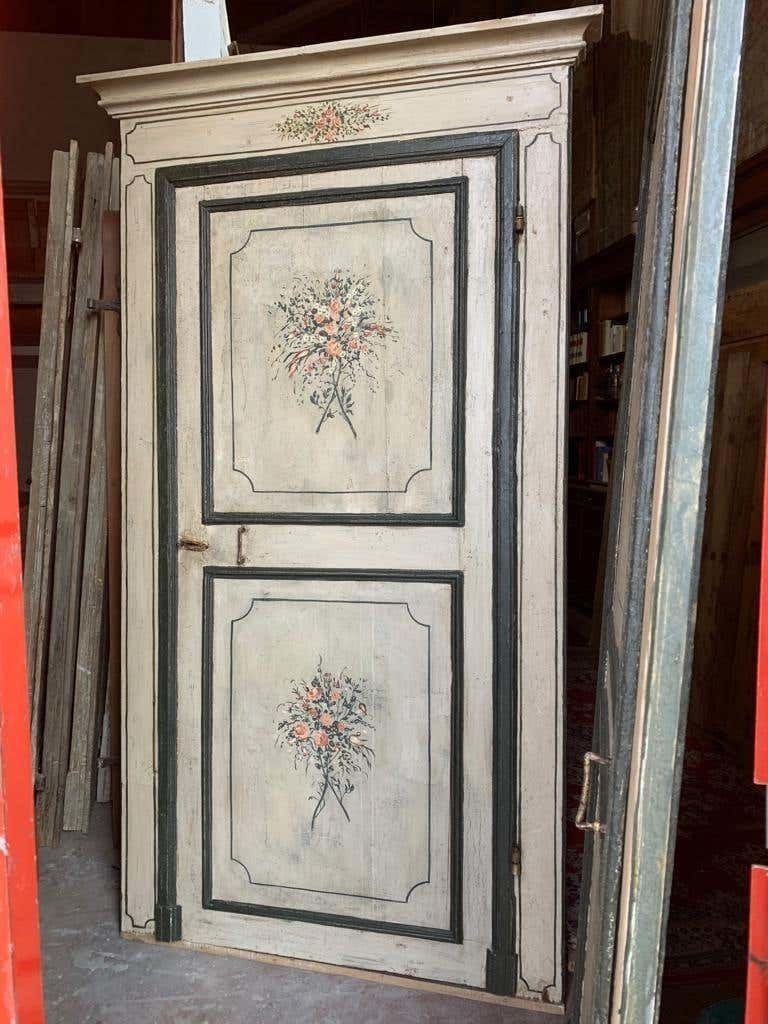 2 Antique Lacquered Doors With Frame, Green Beige Background Flowers, 1700 Italy photo 7760.0