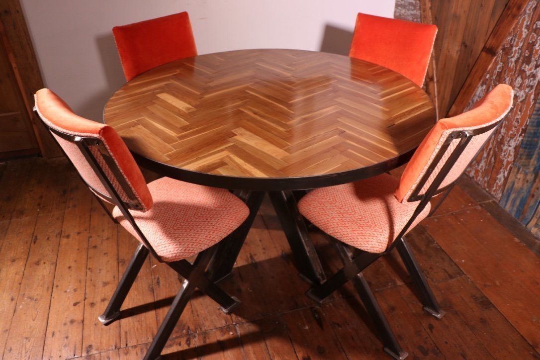 Industrial Round 4ft Table Made From Reclaimed Parquet Floor On A Steel Cross Base