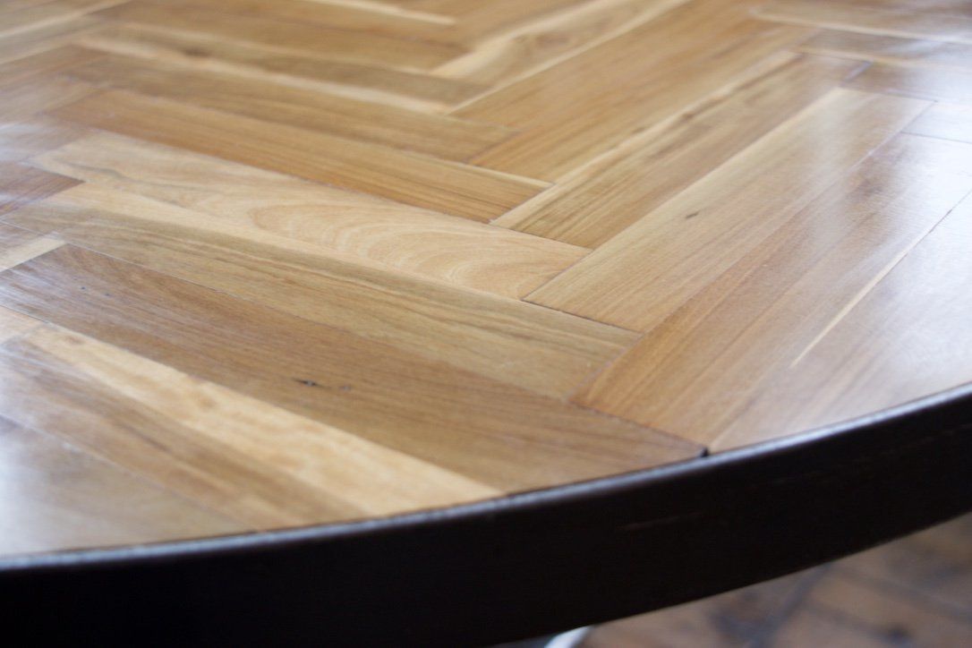 Industrial Round 4ft Table Made From Reclaimed Parquet Floor On A Steel Cross Base photo 845.0