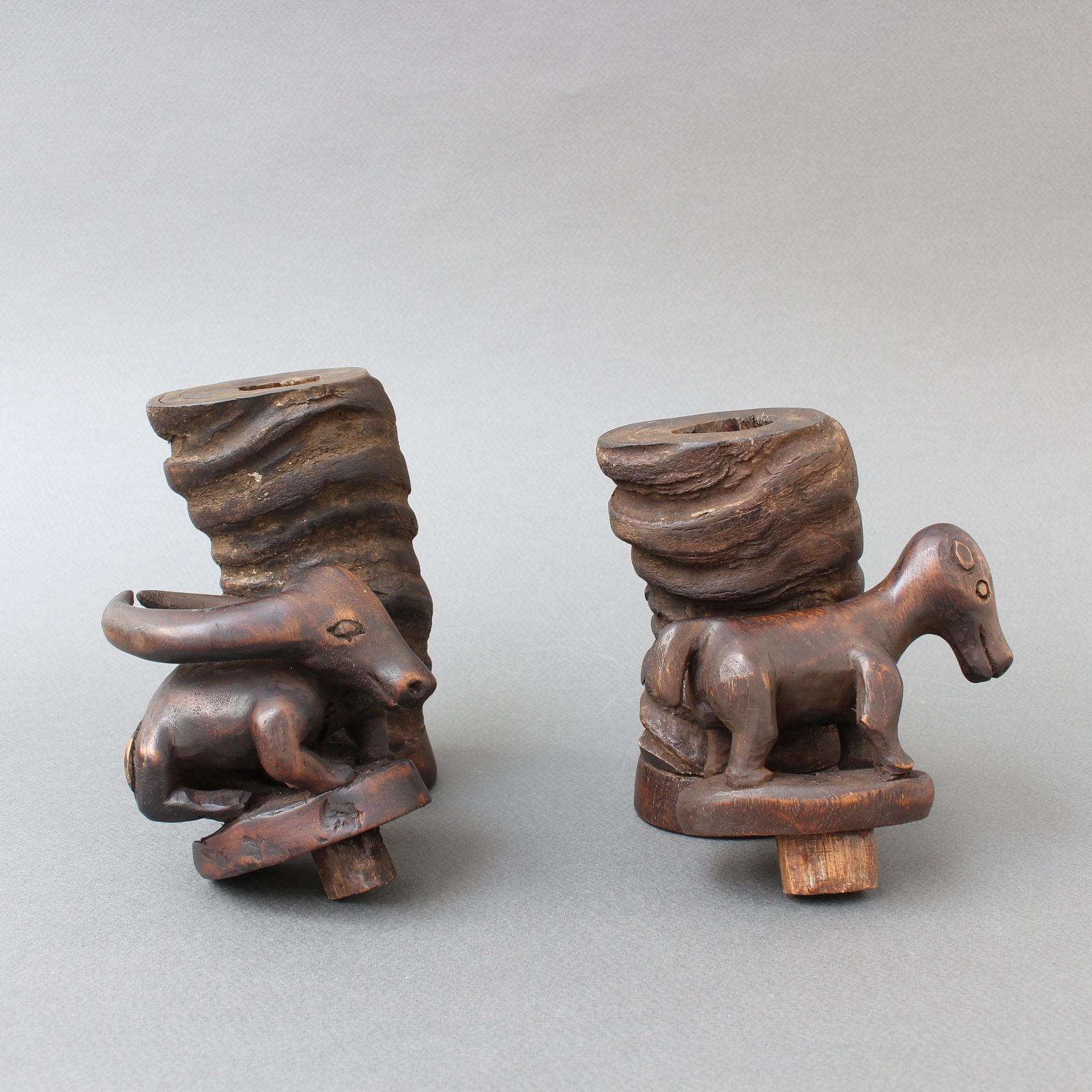 Pair Of Water Buffalo Horn And Wood Lime Powder Holders For Betel Nut From Timor Island (Circa 1970s) photo vintage
