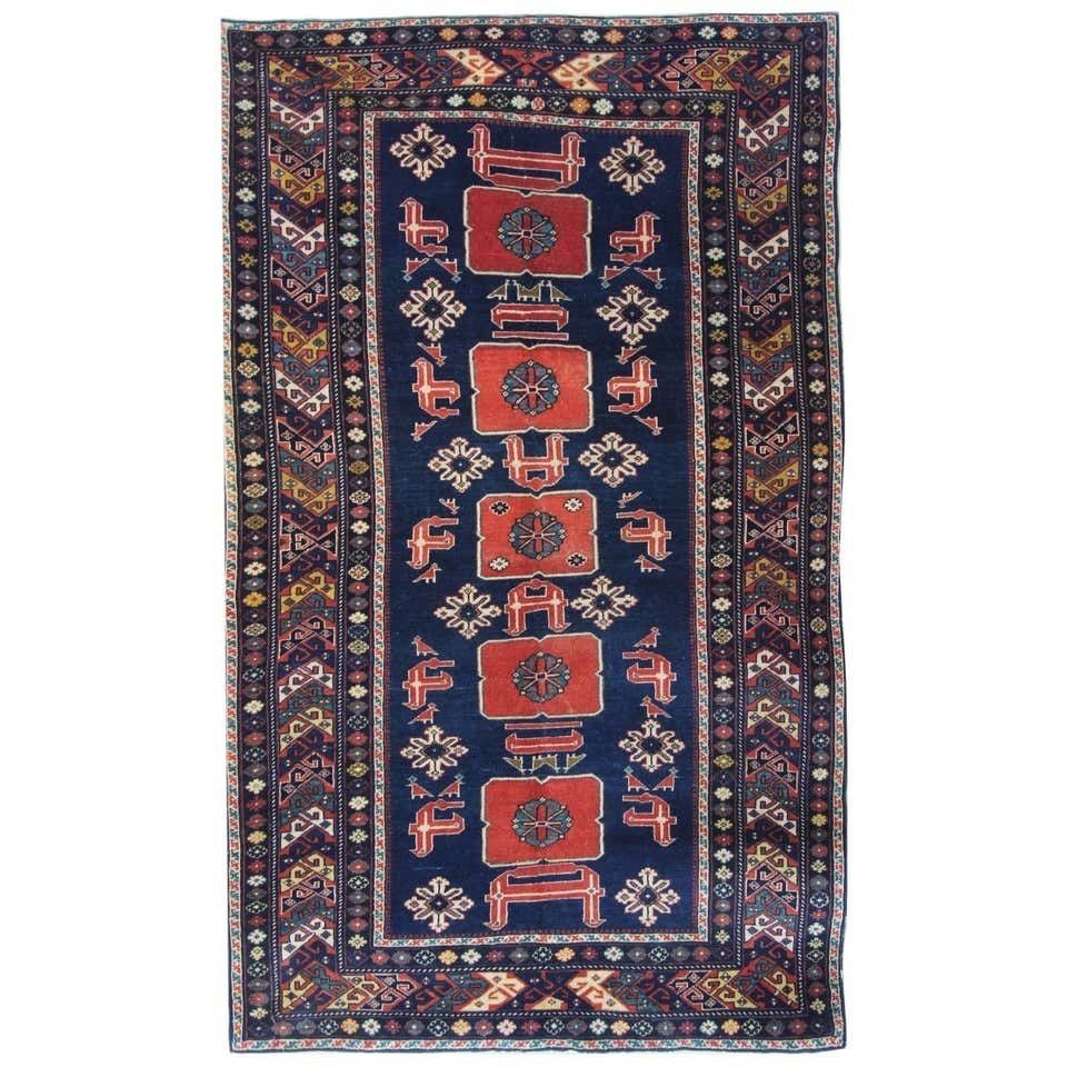 Antique Rug Caucasian Azeri, Handmade Antiqu Tradtional Caucasian Rug, Navy Area Rugs