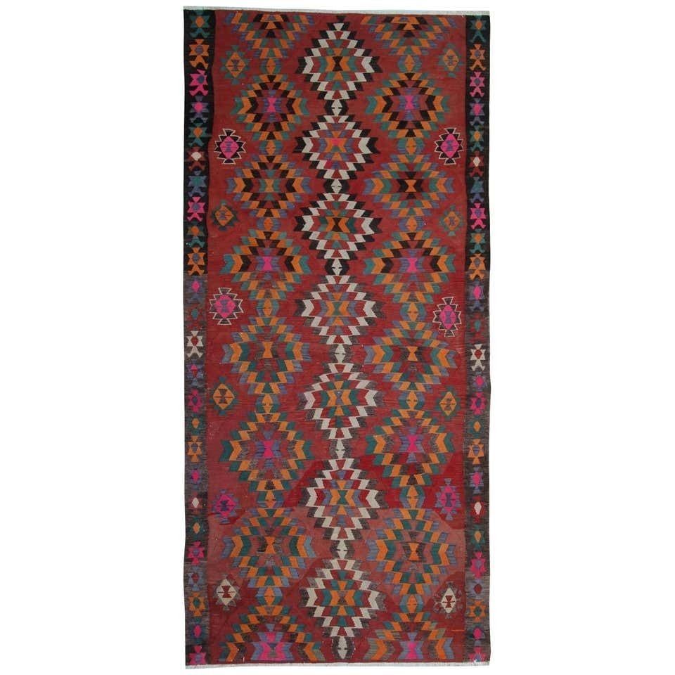Antique Rugs Oriental Handwoven Turkish Kilim Rug Runner Vintage Flatwoven Carpet  190x412cm