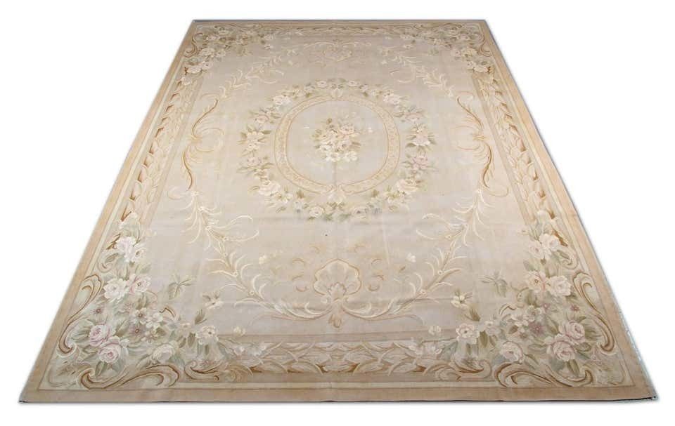 Vintage Handmade Carpet Chinese French Aubusson Rug, Area Rug, Needlepoint Pink And Cream Flat Weave