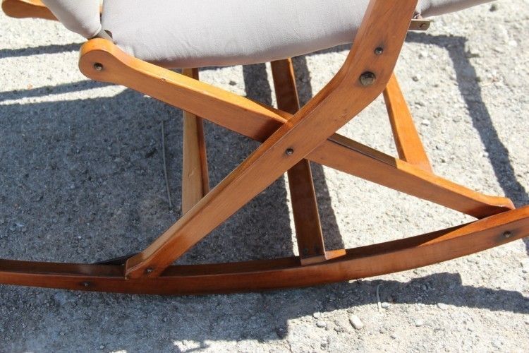Rocking Chair Folding Wood And Fabric Fratelli Reguitti 1950s photo vintage