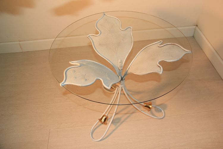 Round French Mid Century Table Coffee Metal Lacquered Glas Top Brass Part