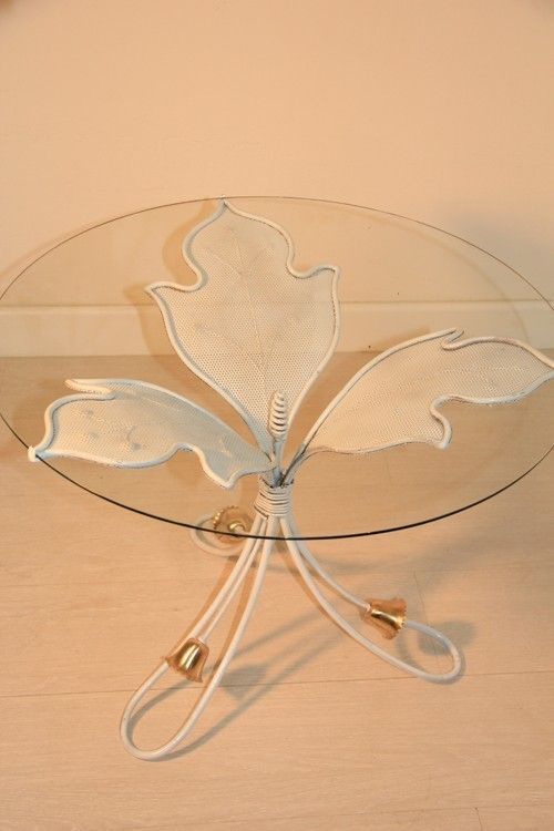 photo furniture Round French Mid Century Table Coffee Metal Lacquered Glas Top Brass Part