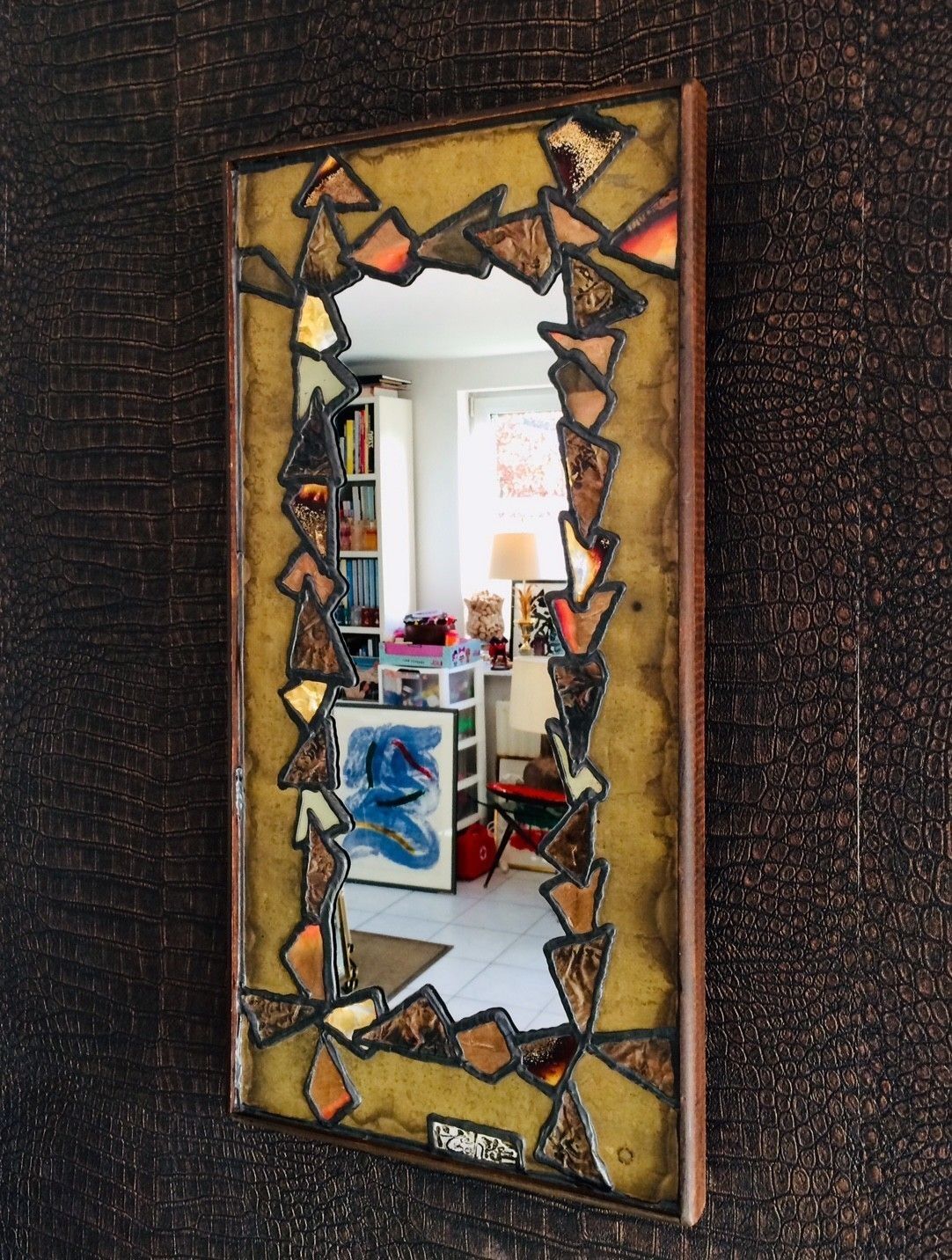 Brutalistisch Metalen Spiegel Met Koper  En Messingpatchwork, Jaren 1960, Gesigneerd photo vinterior