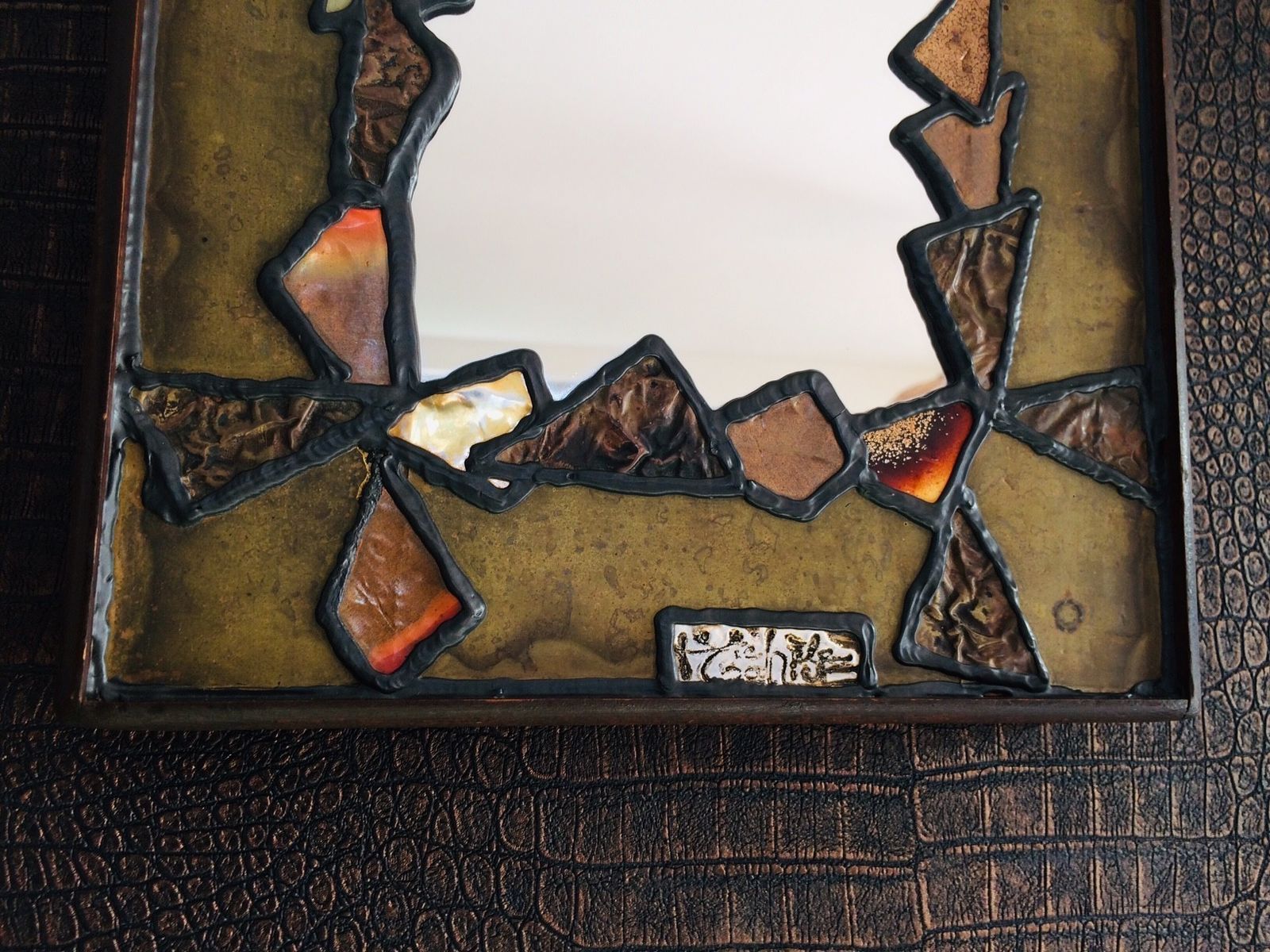 Brutalistisch Metalen Spiegel Met Koper  En Messingpatchwork, Jaren 1960, Gesigneerd photo buy